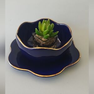 Luxurious Navy and Gold Ceramic Bowl Set Vintage By Italy